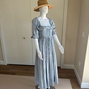 DÔEN Azure Swiss Dot Sol Dress Blue Red Polka Dot Ruffle Midi Maxi